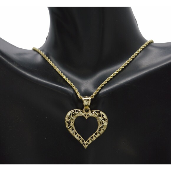 Real 10K Yellow Solid Gold Shiny Diamond Cut Heart Pendant + Rope Chain 16"-24"